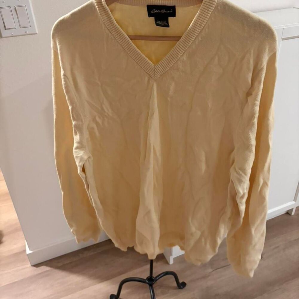 Eddie Bauer V-Neck Sweater M Pastel Yellow Cotton Blend Light Academia